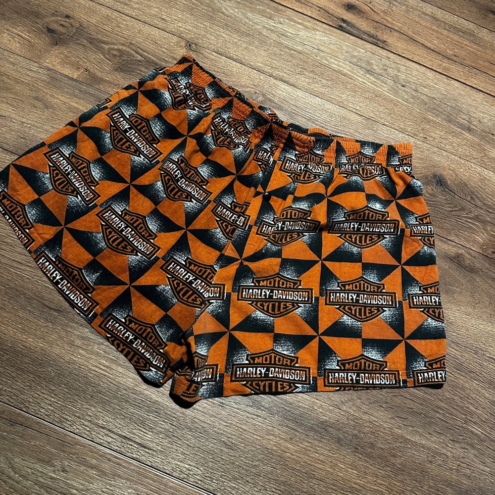 Vintage Harley Davidson Orange Checkered Logo Boxer Shorts Mens XXL